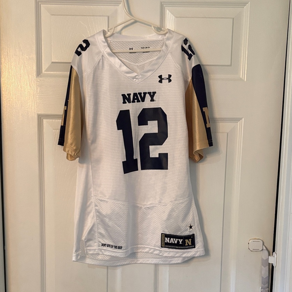 Boy’s Under Armour White and Gold Navy Jersey-size Large